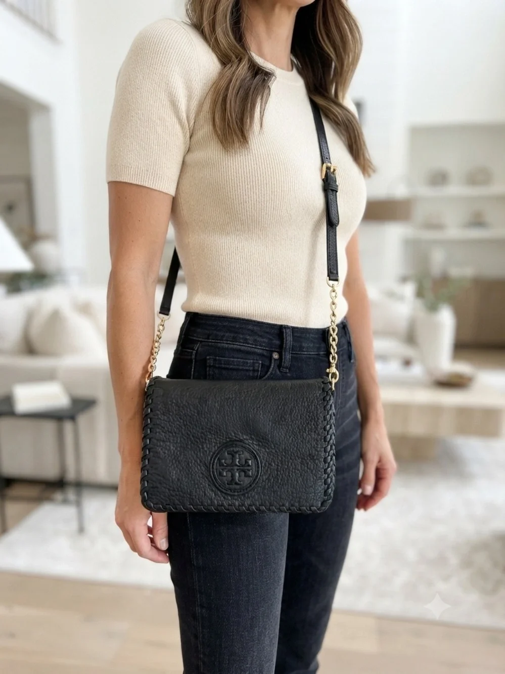 Tory Burch Black Leather Crossbody Bag with Braided Trim & Gold Chain